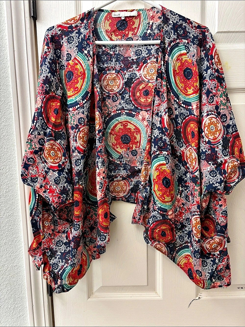 inLUv Patterned Cape in Blue & Red Size Medium Like New